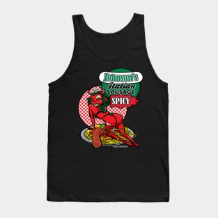 Spicy Italian Sausage Pasta Plate with Seductive Devil Woman Tank Top